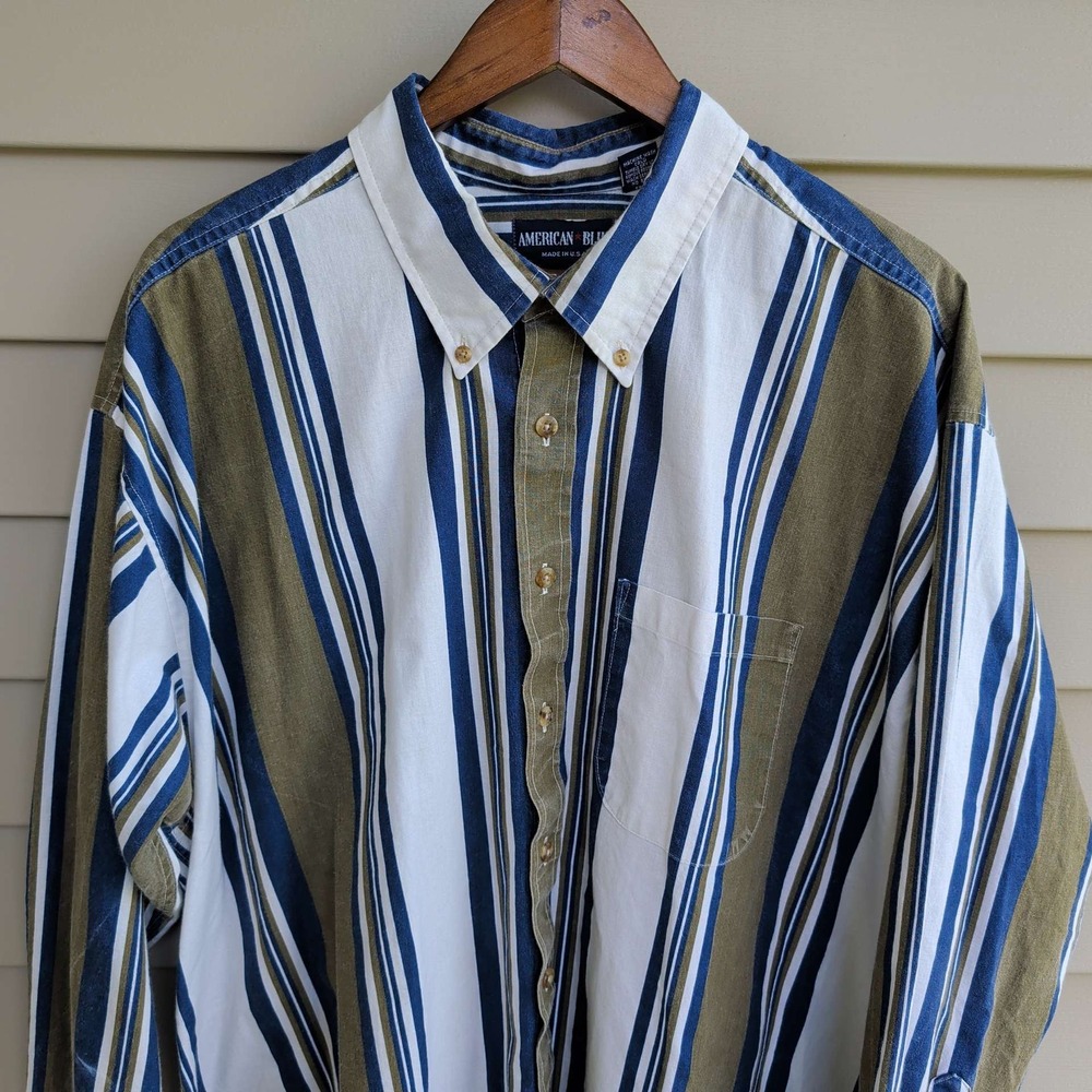 American Blue Striped Button Down Shirt Mens 2XL Blue Olive Green 90s Vintage
